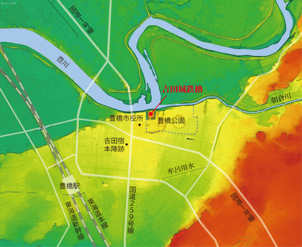 愛知県豊橋市街・吉田城趾の3D地形図
